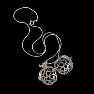 Vintage Apple Pendant‎ Necklace Open Work Filigree Cage Clasp Opens Silver Tone.